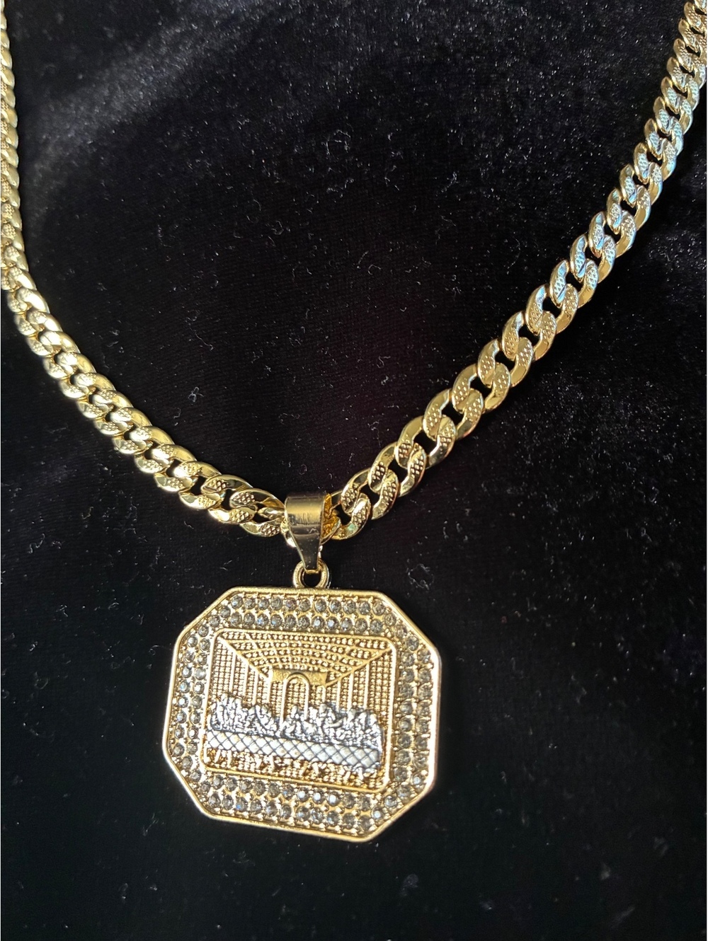 Iced Out Last Supper Octagon Pendant & 10mm Gold Plated Cuban Link Chain Set 22”
